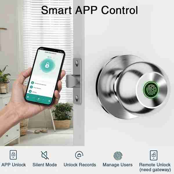 Smart Door Knob, Fingerprint Door Lock, Smart Lock Biometric Door Lock Fingerprint Door Knob With Tuya App Control, Suitable For Bedroom, Cloakroom, Apartments Offices, Hotels (Battery Included)