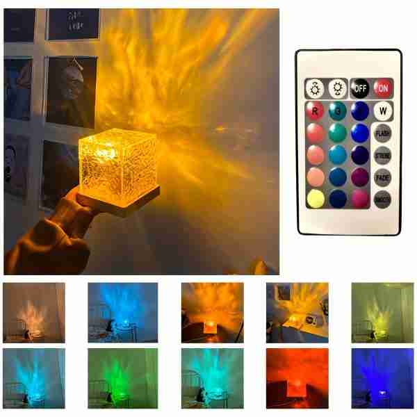 1709343943135-6c5936a6ff5f462483497aab2c63bf5b-goods 1 Pack USB Square Night Light Cube Decorative Night Lamp Square Crystal Table Lamp, Rotating Water Ripple Small Night Light Creative Bedside Lamp, Flame Atmosphere Lamp Dynamic Table Lamp 5W 80 Lumen16 Colors Diamond Desk Lamps For Bedroom RGB Remote Rota