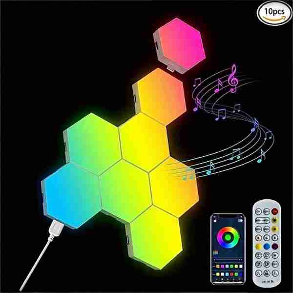10pcs DIY Smart Hexagonal Lights Wall Lights LED Wall Panel Lights, USB-Power Connectors, Smart Application Control And Music Control, Hexagonal Lights For Game Room Party Bedroom Decoration