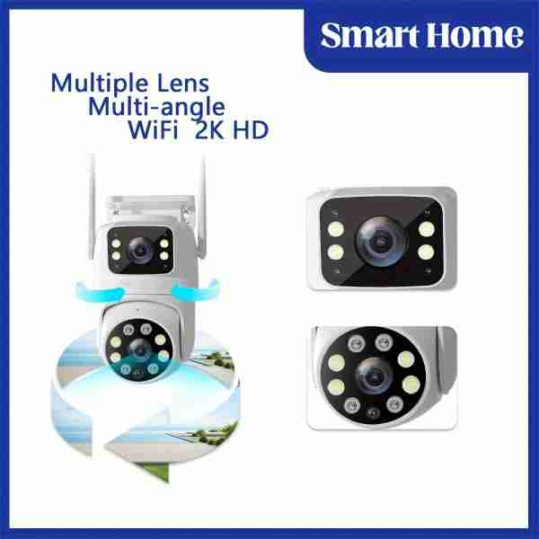 Multi lens function security camera, wireless outdoor waterproof WiFi monitoring, 2K details clear, automatic rotation, multi angle pan tilt, night vision, motion detection, two-way call security camera