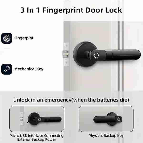 Fingerprint Door Knob, Biometric Door Knob, Passage Mode, Local Storage of Fingerprints, Zinc Alloy, Sturdy and Durable, Black-Battery not included-H01B