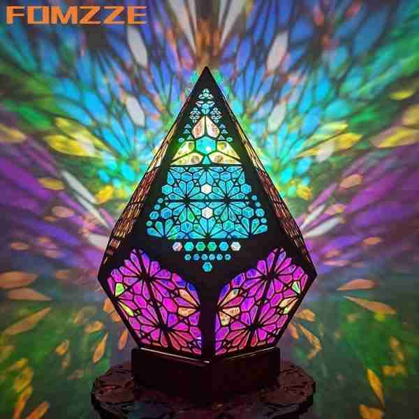 Wooden Bohemian Floor Lamp, USB Charging Hollow Geometric Colorful Lamp Retro Bohemian Light Lamp, LED Colorful Diamond Lights 3D Projection Night Lamp Desk Lamp Home Decor