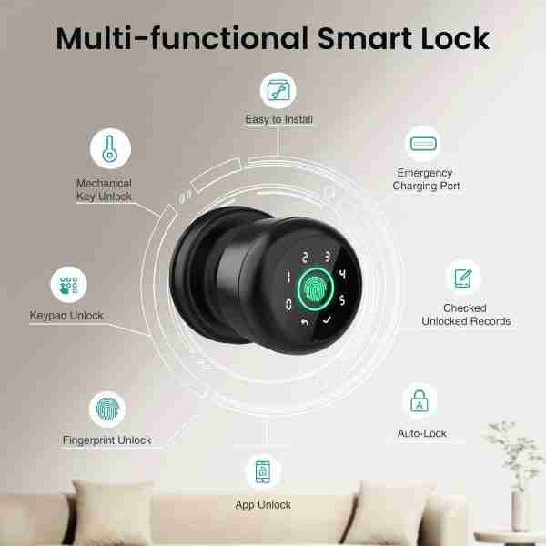 ae9add8afd2781f94c7e887ed327a956 GHome Smart Fingerprint Door Lock with Keypad Door Knob, Biometric Door Smart Lock & App Control, Suitable for wooden or steel doors from 3.5-5.5 cm/ 1.38-2.17 inch, Interior Door Knob with Key Great for Bedroom, Apartments, Offices and Hotels, Uses 4 AAA