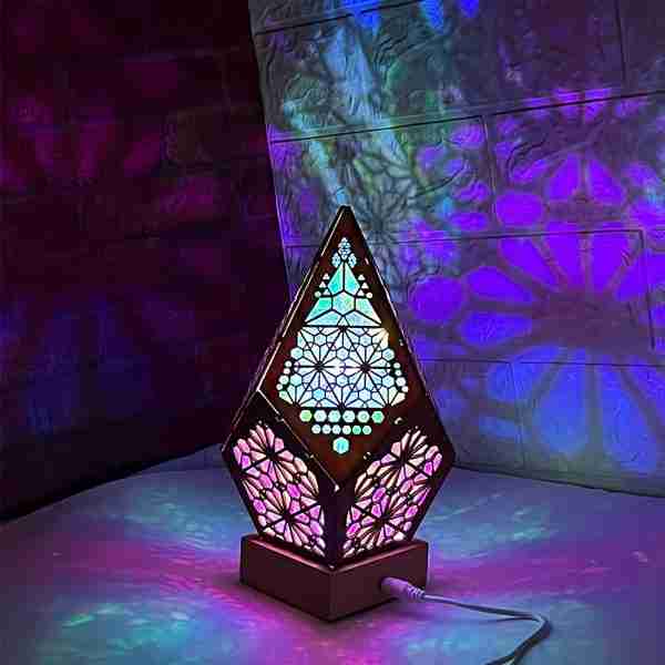Wooden Bohemian Floor Lamp, USB Charging Hollow Geometric Colorful Lamp Retro Bohemian Light Lamp, LED Colorful Diamond Lights 3D Projection Night Lamp Desk Lamp Home Decor