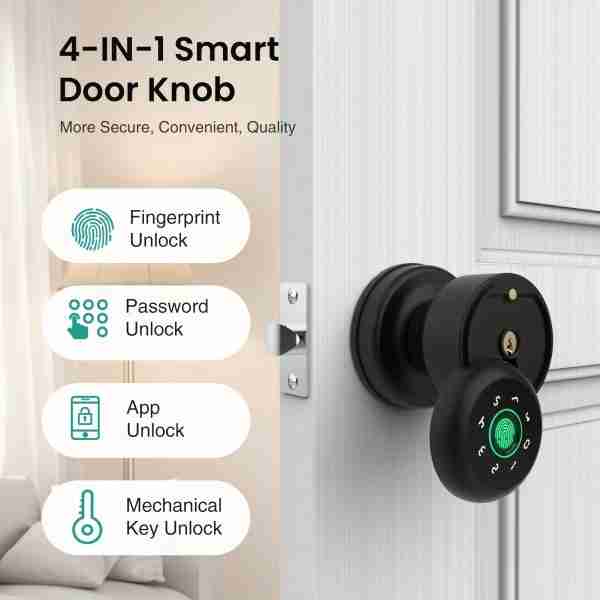 ea574e1ceba1ca426cc40c5f4d19b9db GHome Smart Fingerprint Door Lock with Keypad Door Knob, Biometric Door Smart Lock & App Control, Suitable for wooden or steel doors from 3.5-5.5 cm/ 1.38-2.17 inch, Interior Door Knob with Key Great for Bedroom, Apartments, Offices and Hotels, Uses 4 AAA