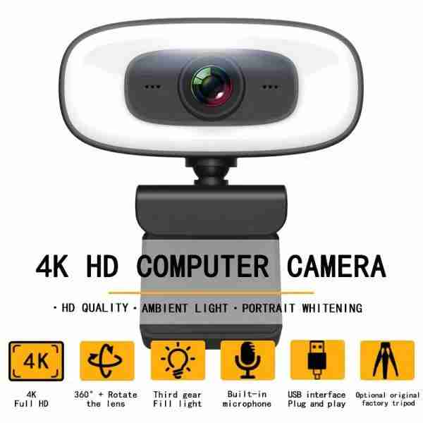4K HD Computer Webcam, Plug And Play, No Driver Required USB Interface Webcam, Built-in Microphone, Webcast Fill Light, Voice Call Conference Camera, Work Camera, Laptop External Webcam
