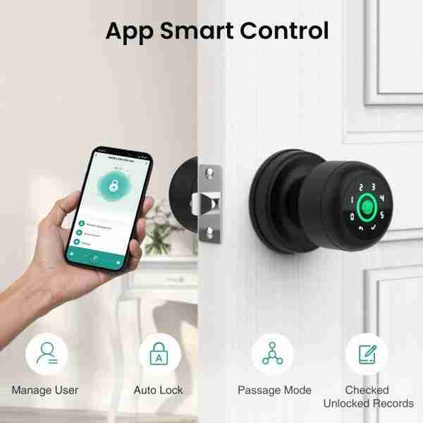 fae8182080f8200d176ad67a14542525 GHome Smart Fingerprint Door Lock with Keypad Door Knob, Biometric Door Smart Lock & App Control, Suitable for wooden or steel doors from 3.5-5.5 cm/ 1.38-2.17 inch, Interior Door Knob with Key Great for Bedroom, Apartments, Offices and Hotels, Uses 4 AAA